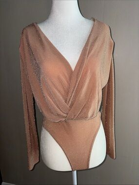 Windsor - Shimmer Surplice Long-Sleeve Bodysuit in Peachy Nude